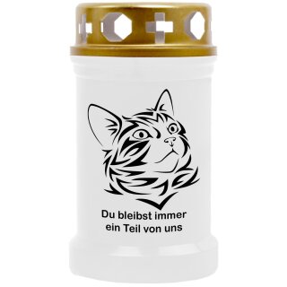 Grabkerze Weiß 40h ( Deckel Gold ) - Katze 1