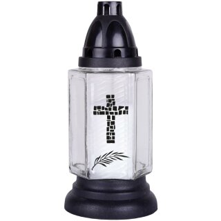 Grableuchte aus Glas ( 24 cm ) Grabkerze mit Kreuz inklusiv Kerze